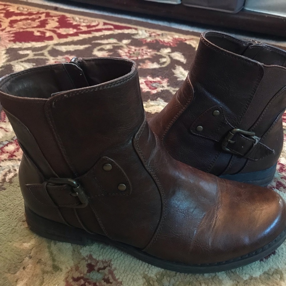 Brown faux leather booties with buckle